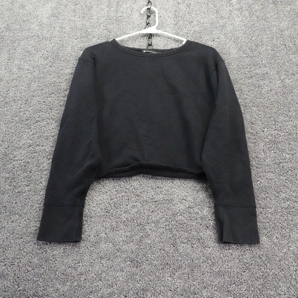 Athleta Sweatshirt Womens Small Black Cropped Long Sleeve Crew Neck 100% Cotton